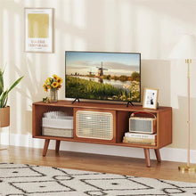 Load image into Gallery viewer, Mid Century Modern TV Stand for TVs up to 55", Bamboo Entertainment Center Media Console with Rattan &amp; Glass Sliding Doors, Adjustable Shelf