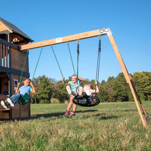 Load image into Gallery viewer, Backyard Discovery Canyon Creek Cedar Wood Swing Set with Wave Slide. Clubhouse. Play Kitchen. Picnic Area. Belt Swings. Web Swing. Rock Wall. Balconies. Playhouse. Step Ladder. Outdoor Playset