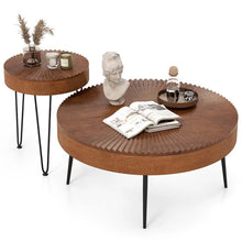 Load image into Gallery viewer, Boho Farmhouse Round Coffee Table Set of 2, Solid Pine Wood Nesting End Table with Metal Legs, Adjustable Foot Pads for Living Room