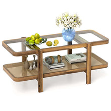 Load image into Gallery viewer, 2-Tier Rattan Coffee Table, 47.5" Solid Wood Rectangle Tea Table with Tempered Glass Top &amp; Storage Shelf, Farmhouse Boho Center Table for Living Room