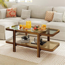 Load image into Gallery viewer, 2-Tier Rattan Coffee Table, 47.5" Solid Wood Rectangle Tea Table with Tempered Glass Top &amp; Storage Shelf, Farmhouse Boho Center Table for Living Room