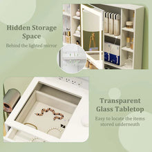 Load image into Gallery viewer, Makeup Vanity Table with 3 Lighting Modes, Mirrored Cabinet Door, Charging Station, Drawers, Shelves, Bedroom Makeup Dressing Table and Stool Set