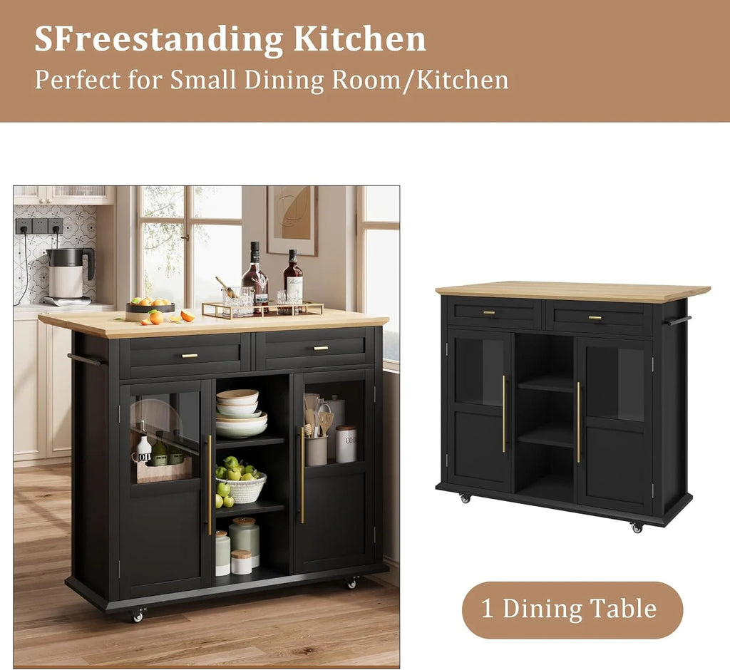 WALYWIK Foldable Kitchen Island Cart with Wheels, 2 Glass Doors, Spice Rack & Towel Holder - Compact Mobile Storage Cart for Small Kitchens, Dining Rooms, Camping & Rvs - Grey