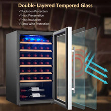 Load image into Gallery viewer, 20 Inch 33 Bottles Wine Cooler Refrigerator Built-In or Freestanding Mini Wine Fridge with 2-Layer Tempered Glass Door &amp; Dual Alarm Function