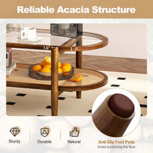 Load image into Gallery viewer, 2-Tier Oval Boho Coffee Table with Tempered Glass Top, Rattan Shelf &amp; Acacia Wood Frame, Mid Century Modern Center Table for Living Room Office