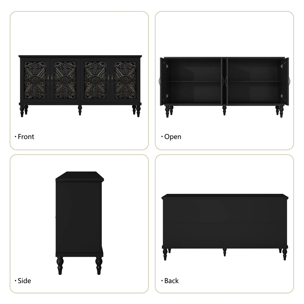 HLR 48" Accent Cabinet with 4 Doors, Vintage Hollow Carving Storage Credenza, Sideboards and Buffets Cabinet for Living Room, Kitchen, Dining Room, Entryway