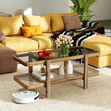 Load image into Gallery viewer, 2-Tier Rattan Coffee Table, 47.5" Solid Wood Rectangle Tea Table with Tempered Glass Top &amp; Storage Shelf, Farmhouse Boho Center Table for Living Room
