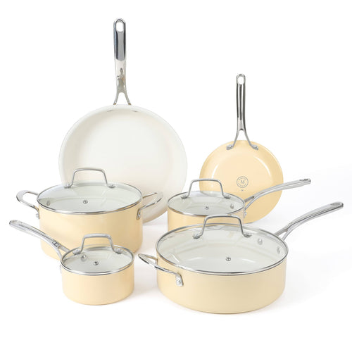Martha Stewart Lockton 10-Piece Heavy Gauge Aluminum Cookware Set w/ Ceramic Non-Stick Interior Butter Cream