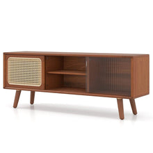 Load image into Gallery viewer, Mid Century Modern TV Stand for TVs up to 55", Bamboo Entertainment Center Media Console with Rattan &amp; Glass Sliding Doors, Adjustable Shelf