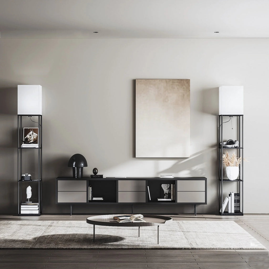 Modern Iron Shelf Floor Lamp with 3 - Way Dimmable LED Bulb, Shelves and White Shade for Living Room and Bedroom(Black)