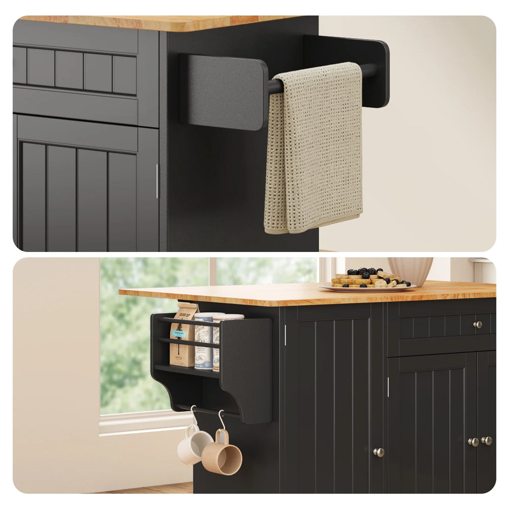 Noelse Kitchen Island with Storage, Island Table for Kitchen with Drop Leaf, Spice Rack, Towel Bar for Small Kitchens, White