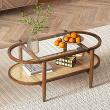 Load image into Gallery viewer, 2-Tier Oval Boho Coffee Table with Tempered Glass Top, Rattan Shelf &amp; Acacia Wood Frame, Mid Century Modern Center Table for Living Room Office