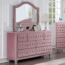 Load image into Gallery viewer, Glam Pink Upholstered Tufted Velvet Like Fabric 4pc Full Size Bed Set Dresser Mirror Nightstand Bedroom Furniture