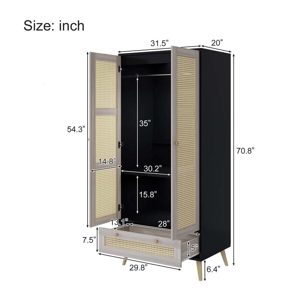 GOMYHOME - Accent Cabinet with Rattan Doors & Drawer, Modern Storage Armoire for Living Room, Bedroom, Natural Wood Finish