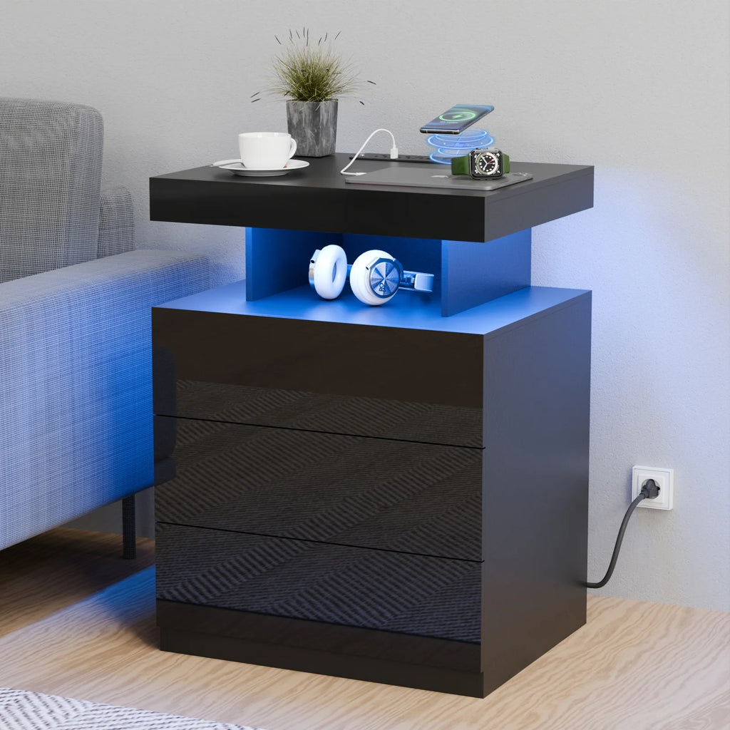 Hommpa LED Nightstand Wireless Charging Station USB Type C Outlets Bedside Table 3 Drawers Black Night Table Modern Smart Nightstand High Gloss End Side Table for Bedroom Furniture 26.8" Tall