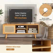 Load image into Gallery viewer, Mid Century Modern TV Stand for TVs up to 55", Bamboo Entertainment Center Media Console with Rattan &amp; Glass Sliding Doors, Adjustable Shelf