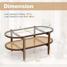 Load image into Gallery viewer, 2-Tier Oval Boho Coffee Table with Tempered Glass Top, Rattan Shelf &amp; Acacia Wood Frame, Mid Century Modern Center Table for Living Room Office