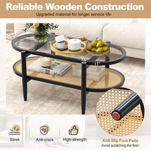 Load image into Gallery viewer, 2-Tier Oval Boho Coffee Table with Tempered Glass Top, Rattan Shelf &amp; Acacia Wood Frame, Mid Century Modern Center Table for Living Room Office