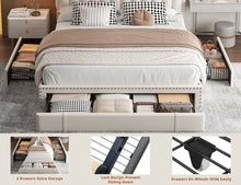 Load image into Gallery viewer, Enhomee Queen Bed Frame with 3 Storage Drawers Upholstered Queen Size Bed Frame with Headboard Noise Free Platform Bed with Metal Frame &amp; Wood Slats Support Beige Bedroom Furniture for Adults Clothes - Full / Beige / with LED
